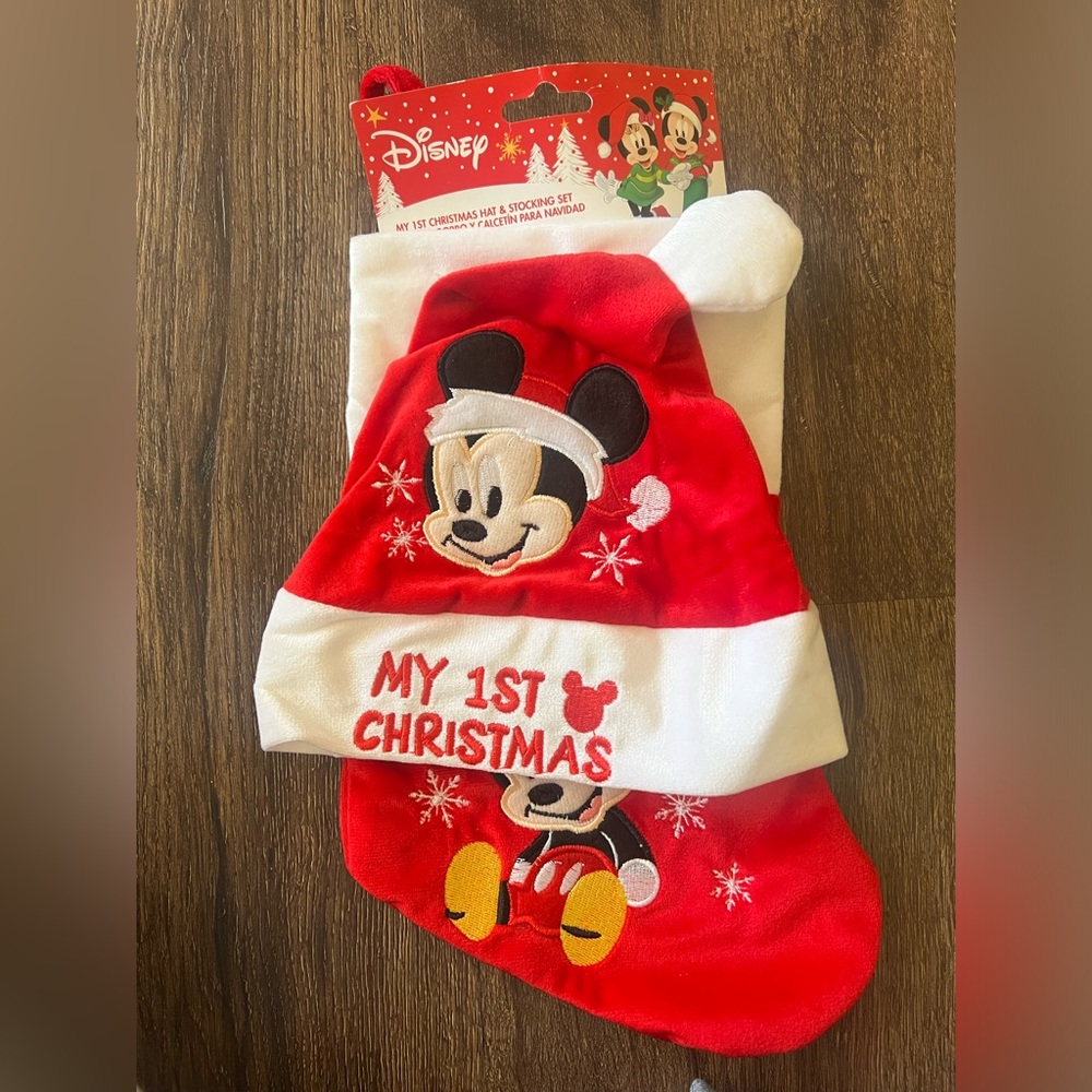 NWT Disney Mickey Mouse Baby 1st Christmas Hat And Stocking Set Embroidered